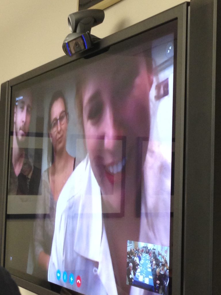 BGU students Oded, Sivan and Emily led the Chanukah candle lighting ceremony via Skype during a holiday lunch program.