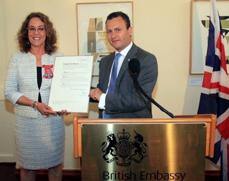 Prof. Rivka Carmi received her CBE title from British Ambassador Matthew Gould at the U.K. Embassy in Tel Aviv.