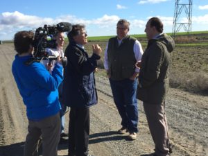 AIPAC filming at Conaway Ranch (left to right): Scott Warr, regional sales director of Netafim USA; Prof. Eilon Adar, BGU’s Zuckerberg Institute for Water Research; Bryce Lundberg, vice president of agriculture, Lundberg Family Farms; Kyriakos Tsakopoulos, president and chief executive officer of AKT Development/Conaway Ranch